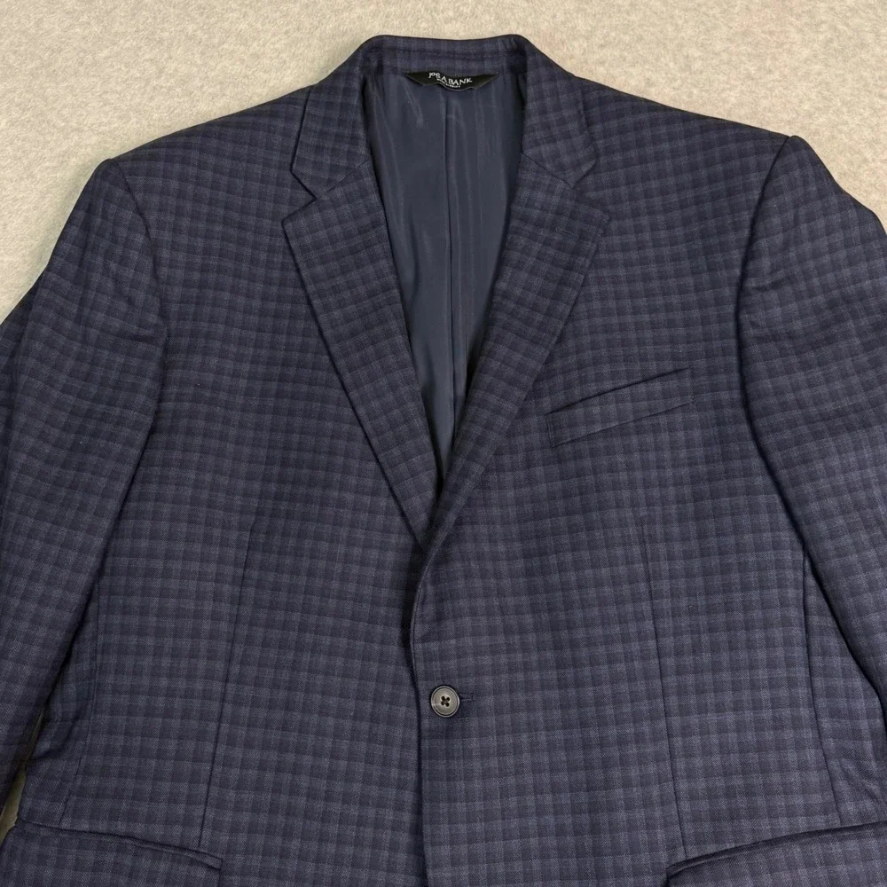 Jos A Bank Mens 44R Wool Blazer Sport Coat Navy‎ Check Traditional Fit 2-Button